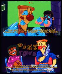 Rule 34 | 1boy, 1girl, black hair, calypso (stargazing.png), commentary, cosplay, couple, dark-skinned female, dark skin, english commentary, forced smile, gloves, highres, long hair, making-of, original, pizza tower, pizzahead, red lips, sitting, stargazing.png, toon (style), video camera, white gloves