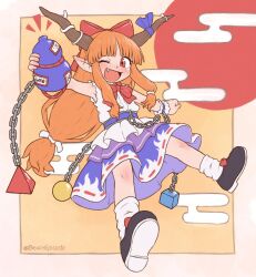 1girl beachepisode bottle bow dress emphasis_lines fang gourd highres holding holding_gourd horns ibuki_suika long_hair low-tied_long_hair one_eye_closed oni open_mouth orange_hair pointy_ears red_bow red_eyes sake_bottle sidelocks simple_background sleeveless sleeveless_dress socks solo touhou twitter_username