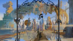 1girl abstract blue_sky building city commentary day elevated_railway english_commentary original painting_(medium) road scenery sky slow_d statue street traditional_media utility_pole