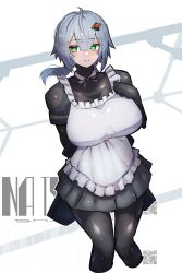 1girl absurdres apron black_bodysuit bodysuit bodysuit_under_clothes breasts colossus_(natsukaze_shigure) green_eyes grey_hair hair_ornament highres large_breasts looking_at_viewer maid maid_apron natsukaze_shigure original qr_code smile solo