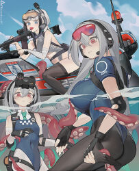 1girl as_val assault_rifle bare_shoulders black_thighhighs breasts elbow_pads goggles goggles_on_head grey_hair gun hair_between_eyes highres kalashnikov_rifle large_breasts long_hair obsidian117 original red_eyes rifle school_swimsuit swimsuit tentacles thighhighs thighs weapon