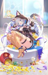1girl absurdres aglaea_(honkai:_star_rail) animal_ear_fluff animal_ears animal_hood bathtub bell black_gloves black_jacket blue_eyes boots braid breasts broken_glass broken_window cat cat_ears cat_girl cat_hood cat_tail cipher_(honkai:_star_rail) claw_pose cleavage coin commentary_request day ears_through_headwear fang fingerless_gloves flower gem glass glint gloves gold_boots gold_coin gold_trim grey_hair hands_up high_heel_boots high_heels highres honkai:_star_rail honkai_(series) hood hood_up hooded_jacket hoodie in_bathtub indoors jacket jewelry jingle_bell large_breasts lens_flare light_particles long_hair looking_at_viewer lying nail_polish on_side open_mouth ribbon sam_(honkai:_star_rail) short_hair shou_choujin_juntuan single_braid solo star_rail_special_pass_(honkai:_star_rail) tail thigh_strap thighs unworn_jewelry very_long_hair window yellow_nails