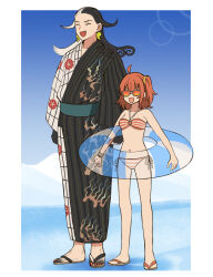 1boy 1girl ahoge ashiya_douman_(asagao-patterned_yukata)_(fate) ashiya_douman_(fate) bikini black_gloves black_hair bracelet breasts closed_eyes colored_extremities commentary_request earrings fate/grand_order fate_(series) fingerless_gloves flip-flops fujimaru_ritsuka_(female) fujimaru_ritsuka_(female)_(brilliant_summer) gloves hair_ornament hair_scrunchie halterneck height_difference highres innertube jewelry long_hair magatama magatama_earrings moyashi_(momoyashi_321) multicolored_hair o-ring o-ring_bikini one_side_up orange-tinted_eyewear orange_bikini orange_hair robe sandals scrunchie small_breasts split-color_hair striped_bikini striped_clothes sunglasses swim_ring swimsuit tinted_eyewear two-tone_hair white_hair