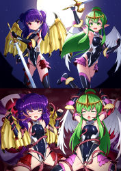 2girls absurdres ahegao alternate_costume alternate_weapon angel_wings arm_up arms_behind_head bad_end black_gloves black_leotard black_thighhighs blunt_bangs breath clitoral_stimulation closed_mouth contemporary covered_navel cowboy_shot crown cum cum_in_pussy defeat dragon_girl dragon_wings drooling elbow_gloves feet_out_of_frame fire_emblem fire_emblem:_mystery_of_the_emblem fire_emblem:_shadow_dragon fire_emblem:_the_sacred_stones fishnets flat_chest fur_trim gloves green_eyes green_hair hair_tie hand_up hands_up helpless highres hondaranya instant_loss leotard loli long_hair looking_at_another looking_to_the_side looking_up matching_hair/eyes mogall moon multi-tied_hair multiple_girls myrrh_(fire_emblem) night night_sky nintendo nipple_stimulation nipple_tweak open_mouth pale_skin parody pink_skirt ponytail power_connection purple_hair rape red_eyes red_skirt restrained reverse_grip ribbon saliva sequential shiny_skin sideways_glance simple_background skirt sky slime spread_legs standing star_(sky) starry_sky sword taimanin_(series) taimanin_yukikaze tearing_up teeth tentacle_sex tentacles thighhighs tiara tiki_(fire_emblem) tongue tongue_out trait_connection twintails vaginal weapon wings yellow_wings