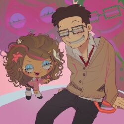 2boys american_dad! arm_support big_hair black_pants blue_eyeshadow brown_cardigan brown_hair candy cardigan collared_shirt crossdressing eyeshadow family_guy flower food glasses grin gyaru hair_flower hair_ornament highres holding holding_candy holding_food holding_lollipop leg_warmers lollipop looking_at_viewer makeup male_focus multiple_boys nikokoro pants pink_flower pink_lips pink_streaks pink_sweater shirt short_hair smile steve_smith stewie_griffin sweater teeth white_flower white_leg_warmers white_shirt