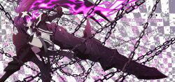 Rule 34 | 1girl, armor, belt, belt skirt, black rock shooter, chain, fire, flaming eye, gauntlets, greaves, highres, hiyashinssu, huge weapon, insane black rock shooter, long hair, loose belt, purple eyes, purple fire, purple hair, scar, shorts, solo, stitches, twintails, uneven twintails, weapon