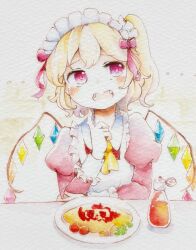 1girl alternate_costume apron blonde_hair blush commentary_request crystal crystal_wings dress enmaided fangs flandre_scarlet food highres juliet_sleeves ketchup_bottle long_sleeves maid maid_apron maid_headdress multicolored_wings omelet omurice one_side_up open_mouth plate puffy_sleeves red_dress red_eyes shiro_tsugumi solo touhou white_apron wings