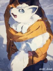 Rule 34 | 1girl, alolan form, alolan vulpix, arc draws, black pants, brown mittens, day, fluffy, gen 7 pokemon, highres, holding, holding pokemon, jacket, long hair, long sleeves, mittens, nintendo, orange jacket, outdoors, pants, pokemon, pokemon (creature), snow, snowing, twitter username, watermark