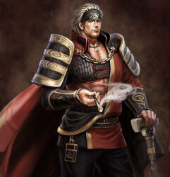 Rule 34 | 1boy, abs, armor, beard, blonde hair, brown eyes, cane, chain, coat, facial hair, fuuma kotarou, headband, hojo ujiyasu, jewelry, male focus, muscular, muscular male, necklace, scar, sengoku musou, smoking, smoking pipe, stubble