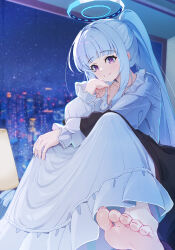 1girl absurdres barefoot blue_archive cityscape closed_mouth commentary_request dress feet grey_hair halo highres indoors kas- lampshade long_hair long_sleeves looking_at_viewer night night_sky noa_(blue_archive) noa_(pajamas)_(blue_archive) ponytail puffy_long_sleeves puffy_sleeves purple_eyes sky sleeves_past_wrists smile soles solo star_(sky) starry_sky toenails toes very_long_hair white_dress window