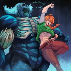 1girl abs absurdres alex_(minecraft) belt blue_skin boots breasts chloraide closed_eyes colored_skin highres large_breasts long_hair minecraft monster muscular muscular_female no_bra no_eyes open_mouth orange_hair ponytail punching ribs thick_thighs thighs underboob underground uppercut warden_(minecraft)