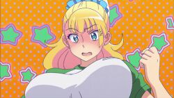 1girl animated animated_gif anime_screenshot blonde_hair blue_eyes blush bouncing_breasts breasts earrings galko gym_uniform highres huge_breasts jewelry large_breasts nail_polish oshiete!_galko-chan running sweat