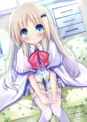 1girl :o bat_hair_ornament bed blonde_hair blue_eyes blush bow bowtie cape feet_out_of_frame from_above grey_skirt hair_ornament highres indoors kudpoid_(71139) little_busters! long_hair looking_at_viewer noumi_kudryavka on_bed parted_lips pink_bow pink_bowtie plaid_clothes plaid_skirt shirt sitting skirt solo surprised thighhighs twitter_username watermark white_cape white_shirt white_thighhighs zettai_ryouiki