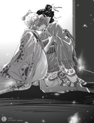 1boy 1girl artist_name black_hair fan grabbing_another&#039;s_arm hair_ornament hairclip hairpin hetero highres implied_kiss japanese_clothes kimono kiss monochrome nico_robin nico_robin_(wano) one_piece roronoa_zoro