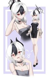 1girl absurdres armpits black_dress black_hair black_horns black_shoes blue_archive blush breasts cleavage closed_mouth collarbone commentary_request demon_wings dress furrowed_brow grey_jacket hair_between_eyes halo high_heels highres horns jacket kayoko_(blue_archive) kayoko_(dress)_(blue_archive) looking_at_viewer medium_breasts medium_hair multicolored_hair multiple_views no_wings off_shoulder official_alternate_costume official_alternate_hairstyle open_mouth red_eyes shoes standing tucking_hair two-tone_hair white_hair wings zzzai