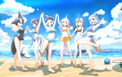 Rule 34 | 6+girls, absurdres, alternate costume, ball, bare legs, bare shoulders, barefoot, beach, beachball, bikini, bikini shorts, black bikini, black hair, black one-piece swimsuit, black sandals, blonde hair, blowhole, blue bikini, blue eyes, blue hair, blush, brown sandals, cetacean tail, chinese white dolphin (kemono friends), common bottlenose dolphin (kemono friends), common dolphin (kemono friends), dolphin girl, dorsal fin, fins, fish tail, frilled bikini, frilled one-piece swimsuit, frills, gladiator sandals, grey hair, hair between eyes, head fins, highres, holding hands, japari symbol, karu wacame, kemono friends, kemono friends 3, long hair, looking at viewer, midriff, multicolored hair, multiple girls, narwhal (kemono friends), navel, ocean, one-piece swimsuit, open mouth, orange eyes, orange hair, orca (kemono friends), pacific white-sided dolphin (kemono friends), pink hair, sandals, see-through clothes, short hair, short hair with long locks, short shorts, short twintails, shorts, side-tie bikini bottom, sidelocks, sleeveless, smile, spaghetti strap, standing, standing on one leg, swimsuit, tail, twintails, two-tone hair, white hair, white shorts, yellow bikini, yellow eyes, yellow sandals