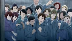 6+boys 6+girls :d :o black_hair blonde_hair blue_eyes blush brown_eyes brown_hair character_request closed_eyes closed_mouth everyone eyes_out_of_frame fukuda_tomonori game_cg glasses grin head_out_of_frame highres jacket long_hair long_sleeves looking_at_viewer multiple_boys multiple_girls official_art one_eye_closed open_mouth rain raincoat red-framed_eyewear red_hair robotics;notes shirt short_hair smile smirk teacher teacher_and_student twintails