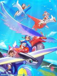 2girls bandana beanie bike_shorts black_hair blue_eyes braid breasts brendan_(pokemon) brown_bag brown_eyes brown_hair collared_shirt creatures_(company) florian_(pokemon) game_freak gen_3_pokemon gloves hat highres holding juliana_(pokemon) koraidon latias latios legendary_pokemon long_hair may_(pokemon) miraidon multiple_boys multiple_girls naranja_academy_school_uniform necktie nintendo official_art open_mouth orange_necktie orange_shorts pokemon pokemon_(creature) pokemon_battle pokemon_masters_ex purple_necktie purple_shorts red_shirt riding school_uniform shirt short_hair short_sleeves shorts sleeveless smile striped_clothes striped_shorts uva_academy_(emblem) uva_academy_school_uniform white_shirt