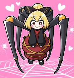 1girl arthropod_limbs black_bow black_shirt black_shoes blonde_hair blush_stickers bow brown_dress brown_eyes bug buttons closed_mouth commentary_request dress extra_legs full_body hair_bow hair_bun heart heart_background kurodani_yamame long_dress long_sleeves looking_at_viewer mary_janes pinafore_dress pink_background ribbon shirt shoes short_hair silk single_hair_bun sleeveless sleeveless_dress smile socks solidus_(sword_cube) solo spider spider_web touhou white_socks yellow_ribbon