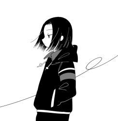 1boy bob_cut collared_shirt cowboy_shot curtained_hair drawstring expressionless from_side greyscale hand_in_pocket hood hood_down hoodie ibu_shinji jitome katsuragi_atori looking_ahead male_focus monochrome parted_bangs profile shirt simple_background solo standing tennis_no_ouji-sama white_background wind