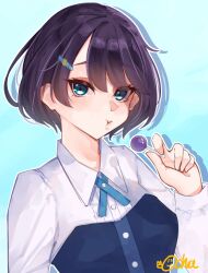1girl :t azabu_mai blue_background blue_dress blue_eyes breasts candy collared_shirt commentary dress drop_shadow food gradient_hair hair_ornament hairclip highres holding holding_candy holding_food holding_lollipop ikizulive!_love_live!_bluebird lollipop long_sleeves love_live! medium_breasts multicolored_hair ocha_mement pout purple_hair shirt short_hair signature simple_background solo strapless strapless_dress upper_body white_shirt