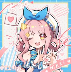 1girl artist_name bare_shoulders beret blue_border blue_bow blue_bowtie blue_choker blue_dress blue_sleeves blue_wrist_cuffs border bow bow_choker bowtie brown_eyes bubbly_voyage_(infinity_nikki) character_name cherilynorz chinese_commentary choker collarbone collared_dress commentary_request detached_sleeves dress eyelashes frilled_choker frilled_sleeves frilled_wrist_cuffs frills grid_border hair_intakes hair_ornament hair_rings hairclip halftone halftone_background happy hat hat_bow heart heart_hands infinity_nikki light_blush looking_at_viewer nikki_(nikki) nikki_(series) notice_lines one_eye_closed open_mouth outline outside_border pink_hair rabbit_hair_ornament short_hair short_sleeves sidelocks smile solo spoken_heart star_(symbol) star_hair_ornament star_in_eye strapless strapless_dress string swept_bangs symbol_in_eye teeth upper_body upper_teeth_only wavy_hair white_background white_hat white_outline wrist_cuffs