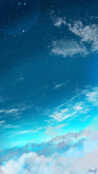 above_clouds absurdres amatsuki_rei blue_sky blue_theme cloud commentary_request day highres lens_flare no_humans original outdoors scenery signature sky star_(sky) starry_sky