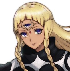 1girl blonde_hair braid circlet closed_mouth commentary dark-skinned_female dark_skin english_commentary eupha_(metaphor:_refantazio) highres jewelry lips long_hair looking_at_viewer metaphor:_refantazio poncho purple_eyes rotomdocs simple_background smile solo third_eye twin_braids white_background