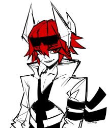 1boy absurdres aotu_world armband black_shirt chinese_commentary collarbone cropped_jacket eyewear_on_head goggles goggles_on_head grin hair_between_eyes headgear highres jacket looking_at_viewer male_focus partially_colored pectoral_cleavage pectorals pius_(aotu_world) popped_collar red_eyes red_hair scar scar_on_face sharp_teeth shirt short_hair simple_background sketch smile solo teeth upper_body vivizhang1224 white_background white_jacket