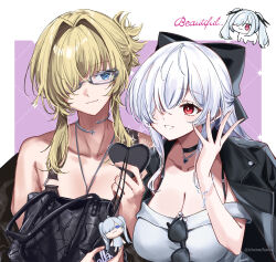 2girls absurdres bag bare_shoulders bikini black_bikini black_bow black_choker black_jacket blonde_hair blue_eyes bow breasts character_charm charm_(object) choker cinderella_(beautiful_me)_(nikke) cinderella_(nikke) cleavage closed_mouth collar collarbone commentary_request dongtan_dress doro_(nikke) dress eyewear_hang glasses goddess_of_victory:_nikke grave_(beautiful_you)_(nikke) grave_(nikke) grey_dress hair_between_eyes hair_bow hair_intakes hair_over_one_eye hand_up handbag highres holding holding_bag holding_mirror jacket jacket_on_shoulders jewelry large_breasts leather leather_jacket long_hair looking_at_another looking_at_mirror meme_attire metal_collar mirror multiple_girls necklace necklace_between_breasts off_shoulder official_alternate_costume official_alternate_hairstyle parted_lips pinstripe_jacket pinstripe_pattern ponytail red_eyes short_ponytail sidelocks smile standing sunglasses swimsuit tiranaihana twintails twitter_username unworn_eyewear upper_body very_long_hair white_hair