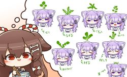 1girl :3 arrow_(symbol) asimo953 bone_hair_ornament bowl brown_hair chopsticks commentary_request food gradient_background hair_ornament hair_tie half-closed_eyes highres hololive imagining inugami_korone inugami_korone_(new_year) japanese_clothes maid nekomata_okayu nekomata_okayu_(new_year) open_mouth purple_eyes purple_hair radish red_eyes smile solo translation_request virtual_youtuber wa_maid