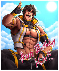 Rule 34 | 1boy, abs, absurdres, armpit hair, armpits, brown hair, crop top, english text, fingerless gloves, gloves, highres, indie virtual youtuber, kite hasegawa, male focus, montymong, muscular, open clothes, yellow eyes