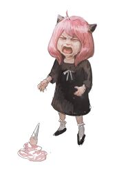 1girl anya_(spy_x_family) black_dress booger child cirenk crying dress female_focus food full_body highres ice_cream open_mouth pink_hair realistic solo spy_x_family standing tears white_background