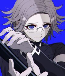 Rule 34 | 1boy, aotsuki eito, armband, blue background, blue eyes, eyeshadow, gakuran, glasses, gloves, grey hair, holding, holding weapon, last defense academy school uniform, long sleeves, looking at viewer, makeup, male focus, nocchan chicchi, red eyeshadow, rimless eyewear, school uniform, short hair, simple background, solo, the hundred line -last defense academy-, upper body, weapon, white armband, white gloves