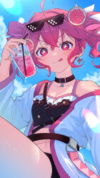 1girl ahoge animal_ears armet belt bikini black_bikini blush bow breasts closed_mouth cloud cocktail collarbone condensation crossed_bangs cup day drinking_straw eyewear_on_head food frilled_bikini frills fruit glint hair_bow hand_up highres holding holding_cup jacket kasane_teto kasane_teto_(sv) kasane_teto_(tropipop) lemon lemon_slice lens_flare licking_lips looking_at_viewer navel outdoors pink_eyes pink_hair pixelated short_hair single_bare_shoulder sitting small_breasts solo sunglasses swimsuit synthesizer_v tetotetang tongue tongue_out utau v-shaped_eyebrows white_jacket