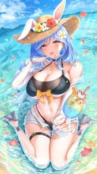 1girl animal_ear_fluff animal_ears bare_shoulders beach bikini black_bikini blue_hair blue_sky blush braid braided_ponytail breasts carrot carrot_hair_ornament cleavage cloud collarbone day finger_to_mouth food-themed_hair_ornament hair_ornament hat high_heels highres hololive horizon jacket jacket_over_swimsuit jewelry large_breasts long_hair looking_at_viewer mature_female multicolored_hair napozouattop navel ocean open_clothes open_jacket open_mouth outdoors pekomama rabbit-shaped_pupils rabbit_ears rabbit_girl red_eyes sand see-through_clothes see-through_jacket see-through_sleeves shoes shore short_eyebrows sky smile solo stomach sun_hat swimsuit symbol-shaped_pupils thick_eyebrows two-tone_hair unbuttoned virtual_youtuber water white_hair