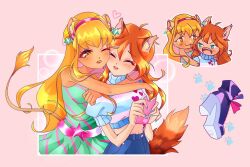 Rule 34 | 2girls, :3, ahoge, animal ear fluff, animal ears, annoyed, aqua eyes, arms around neck, bad id, bad twitter id, bare arms, bare shoulders, belt, bishie sparkle, biting hair, blonde hair, bloom (winx club), blue nails, blue skirt, blue sweater, brown eyes, buttons, cellphone, chibi, chocofish, closed eyes, commentary, cropped legs, cropped sweater, cropped torso, denim, denim skirt, dress, eyeshadow, fangs, fox ears, fox girl, fox tail, green dress, hair ornament, hairband, heads together, heart, heart print, holding, holding phone, hug, hug from behind, kemonomimi mode, light blush, lion ears, lion girl, lion tail, lipstick, long hair, long sidelocks, looking at another, makeup, midriff, multiple girls, multiple views, nail polish, one eye closed, open mouth, orange hair, orange lips, outline, parted lips, paw print, phone, pink background, pink belt, pink eyeshadow, pink hairband, pink lips, pocket, puffy short sleeves, puffy sleeves, short sleeves, sidelocks, skirt, slit pupils, smartphone, star (symbol), star hair ornament, stella (winx club), strapless, strapless dress, striped clothes, striped dress, striped sweater, sweater, tail, tan, teeth, turtleneck, turtleneck sweater, two-tone sweater, upper teeth only, v-shaped eyebrows, very long hair, wavy hair, white outline, white sweater, winx club, yuri