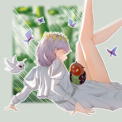 1boy absurdres androgynous bare_legs blue_eyes bug butterfly caterpillar crown diamond_hairband fate/grand_order fate_(series) frilled_sleeves frills grey_hair highres insect insect_on_chest just_we legs long_sleeves looking_at_animal male_focus medium_hair moth oberon_(fate) original outline robe smile solo white_outline white_robe