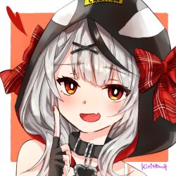 Rule 34 | 1girl, :d, black collar, black gloves, black hair, border, bow, brown background, caution tape, collar, commentary request, fang, fingerless gloves, gloves, grey hair, hair ornament, hairclip, hand up, heart, highres, hololive, hood, hood up, index finger raised, kiritoma, looking at viewer, multicolored hair, nail polish, open mouth, plaid bow, red bow, red eyes, red nails, sakamata chloe, sakamata chloe (1st costume), signature, smile, solo, streaked hair, upper body, virtual youtuber, white border, x hair ornament