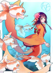 1girl blunt_bangs character_request creatures_(company) crossover finger_to_mouth fish flower frilled_kimono frills game_freak gen_1_pokemon goldeen goldfish green_eyes hair_flower hair_ornament highres horns japanese_clothes kimono looking_at_viewer lotus mermaid monster_girl nintendo obi onmyoji orange_kimono pink_flower pokemon pokemon_(creature) purple_hair rutiwa sash scales short_hair short_hair_with_long_locks sidelocks single_horn underwater wide_sleeves