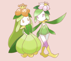 absurdres crown gen_5_pokemon green_hair highres hisuian_lilligant lilligant monster_girl nintendo orange_eyes pink_background pink_eyes plant_girl pokemon pokemon_(creature) simple_background walking