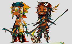 2boys animal_feet animal_hands baggy_pants bird_boy bird_wings blonde_hair bodypaint bow_(weapon) braid brown_hair brown_wings chaps chibi claws dark-skinned_male dark_skin dreamcatcher edarow feathered_wings full_body goggles goggles_on_head grey_background holding holding_bow_(weapon) holding_staff holding_weapon long_hair looking_at_viewer male_focus multiple_boys native_american orange_eyes original pants pointy_ears simple_background single_braid staff standing topless_male twin_braids very_long_hair weapon wings yellow_pants