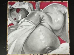 1girl all_fours animal_ears blazblue breasts cat_ears cat_girl cat_tail commentary_request cowboy_shot detached_sleeves greyscale_with_colored_background grin highres hood hood_up huge_breasts large_areolae large_nipples looking_at_viewer nipples nude plump red_background sharp_teeth shikishi smile solo tail taokaka teeth yurari_yr
