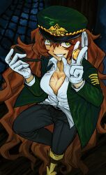 1girl absurdres black_pants blue_background breasts cleavage coin collared_shirt freckles full_body gloves green_hat green_jacket grin hat highres ishmael_(project_moon) jacket large_breasts limbus_company long_hair long_sleeves looking_at_viewer orange_hair pants peaked_cap peg_leg pequod_(identity)_(project_moon) project_moon ribbon shirt simple_background smile smoking_pipe solo standing very_long_hair white_gloves white_ribbon white_shirt wu_kai_zajiao_shiyan_shi yellow_eyes