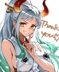 1girl absurdres blush breasts commentary_request curved_horns earrings gradient_hair green_hair grey_hair grin hair_ornament hair_stick heart highres hoop_earrings horns index_finger_raised jewelry kasumi_6 large_breasts long_hair looking_at_viewer milestone_celebration multicolored_hair one_piece partial_commentary ponytail sideboob sideless_kimono simple_background smile solo thank_you upper_body v-shaped_eyebrows very_long_hair white_background yamato_(one_piece) yellow_eyes