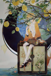 1girl :| animal_ears arm_support black_shoes blonde_hair blood blood_from_mouth blood_on_clothes bracelet branch brown_shorts buttons chinese_commentary closed_mouth collared_shirt commentary_request cupboard dango earth_(planet) flower food fruit fruit_tree full_body hidden_face highres jacket jewelry leaf lemon lily_(flower) lily_pad long_sleeves mary_janes midriff_peek open_clothes open_jacket orange_jacket pantyhose peach pink_flower planet puffy_shorts rabbit_ears red_eyes ringo_(touhou) shirt shoes short_hair shorts sitting solo touhou tree wagashi water white_pantyhose white_shirt window yinyong_yu