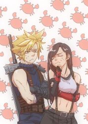 1boy 1girl armor bare_shoulders black_gloves black_hair black_skirt blonde_hair blue_pants blue_sweater buster_sword closed_eyes closed_mouth cloud_strife collarbone commentary crab crop_top crossed_arms disgust earrings elbow_pads final_fantasy final_fantasy_vii final_fantasy_vii_rebirth final_fantasy_vii_remake fingerless_gloves gloves height_difference highres jewelry long_hair midriff navel pants seafood short_hair shoulder_armor single_arm_guard single_bare_shoulder single_earring single_elbow_pad skirt sleeveless sleeveless_turtleneck spiked_hair suspender_skirt suspenders sweat sweater sword tank_top tifa_lockhart toned toned_female turtleneck turtleneck_sweater upper_body weapon weapon_on_back white_tank_top youne_(youneko)