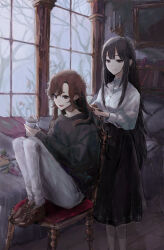 Rule 34 | 2girls, black hair, black skirt, black sweater, braiding hair, brown eyes, brown footwear, brown hair, chair, closed mouth, cup, drink, fang, full body, hairdressing, hands in hair, hands up, highres, holding, holding cup, indoors, jiz (pffbq), knees up, long hair, long sleeves, mug, multiple girls, open mouth, original, picture frame, puffy long sleeves, puffy sleeves, shirt, sitting, skin fang, skirt, smile, standing, sweater, white shirt, window, wooden floor