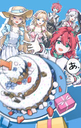 5girls absurdres alternate_costume bare_shoulders black_dress blonde_hair blue_background blue_eyes blue_jacket box cake carlotta_(wuthering_waves) cartethyia_(wuthering_waves) ciaccona_(wuthering_waves) commentary covering_own_mouth cup danjin_(wuthering_waves) dress english_commentary flower food gift gift_box green_eyes hair_flower hair_intakes hair_ornament hat highres holding holding_cup jacket long_hair motion_blur multiple_girls official_alternate_costume open_mouth parted_bangs phoebe_(wuthering_waves) pink_dress pink_hat purple_eyes red_hair ryeon_(naturesan) short_hair tacet_mark_(wuthering_waves) translation_request tree_horns white_dress wuthering_waves yellow_hat