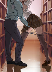 1boy 1girl absurdres aqua_shirt artist_name black_panties bookshelf collared_shirt fingering grey_pants head_out_of_frame highres implied_fingering implied_kiss lanyard legs library loafers long_sleeves mizuchyann_(hazelnut) open_clothes original panties panties_around_thighs pants panty_pull partially_unbuttoned plaid_clothes plaid_skirt pussy_juice pussy_juice_puddle red_ribbon ribbon school_uniform shirt shirt_tucked_in shoes short_sleeves signature skirt summer_uniform sunlight teacher teacher_and_student thighhighs underwear untucked_shirt white_shirt window zettai_ryouiki